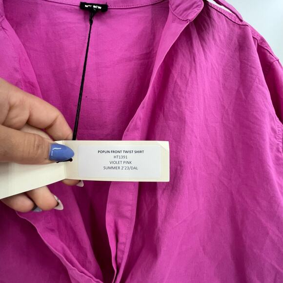 MONROW Poplin Front Twist Shirt Violet Pink Plunge Crop Long Sleeve Small NEW - Picture 9 of 10